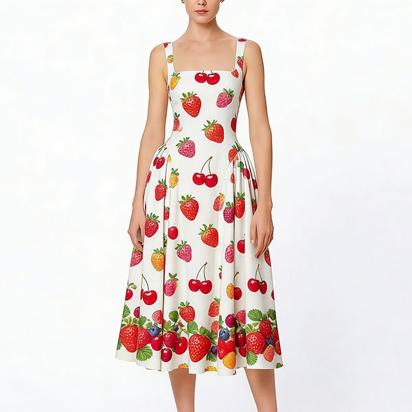 Women's long sleeveless spaghetti strap dress with simple and cute fruit elements