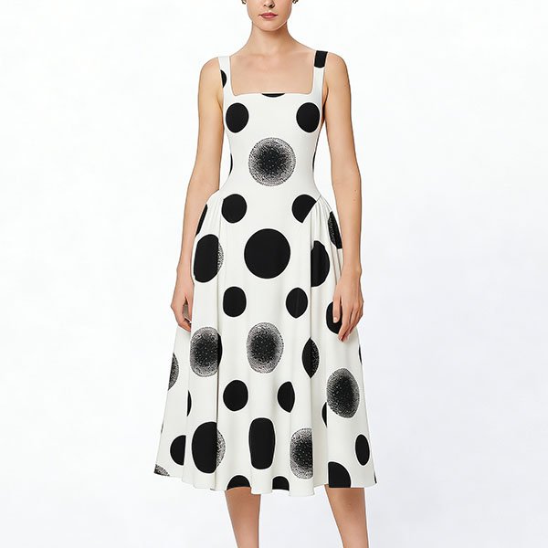 Women's long sleeveless halter dress with simple tie-dye polka dot pattern