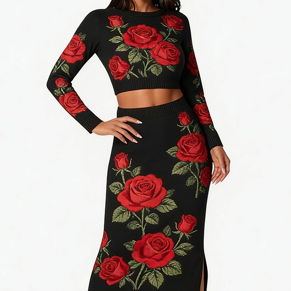 Women's Spring Rose Print Retro Suit Base Layer