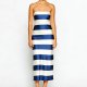 Women's off-shoulder satin blue and white striped vintage dress