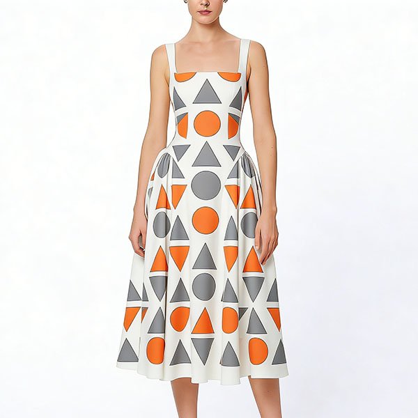 Women's long sleeveless suspender dress with simple geometric pattern